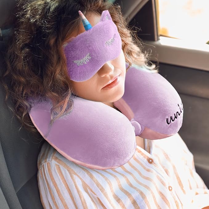 Neck Travel Pillow for Kids, Unicorn Airplane Memory Foam Pillow with Cute Sleep Mask & Earplugs, Lightweight Travelling Sleeping Pillow Set for Car, Train, Bus and Home Use (Purple)