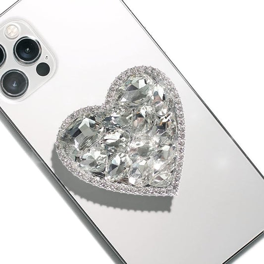 OnTheGrip Cute Cubic Diamond Heart Shape Design Collapsible Expandible Mobile Phone Grip Stand Holder for Smartphone Tablet Cell Phone Accessory (Silver Big)