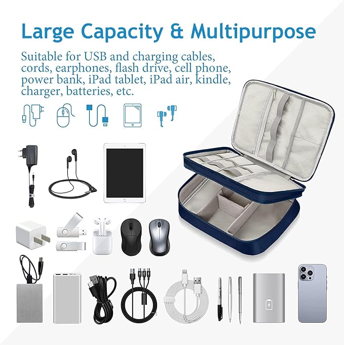 Electronics Travel Organizer, Double Layer Cable Organizer Bag Waterproof Electronics Accessories Storage Bag for Charger, Phone, Power Bank, Hard Drive, Cord, Tablet