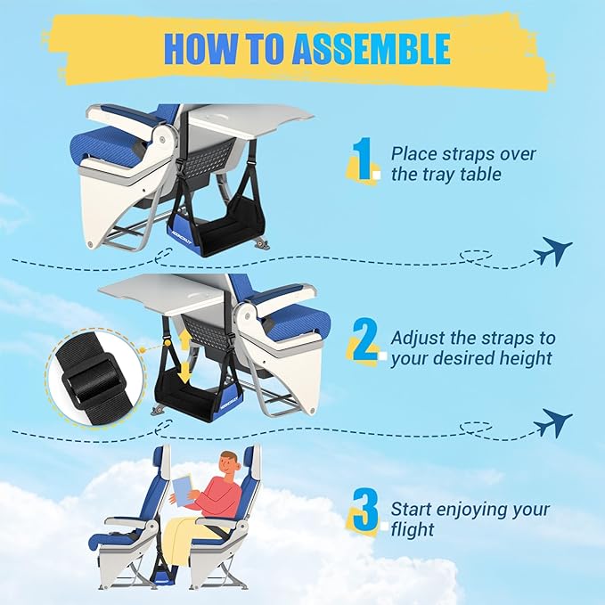 Airplane Foot Hammock, No Collapse Foot Rest for Plane Travel with Extended Adjustment Strap, Portable Desk Foot Hammock with Thickened Foam, Foot Sling Travel Essentials to Relax Your Feet