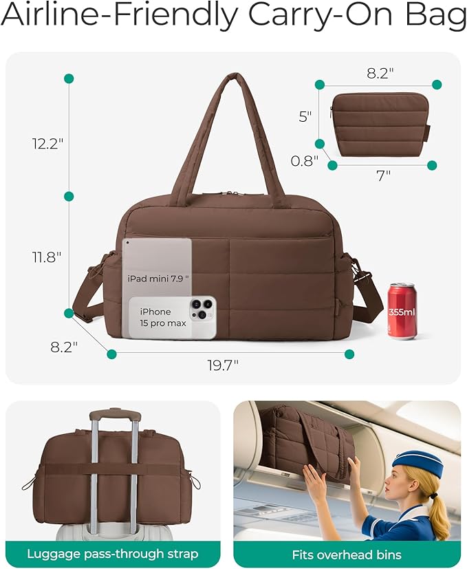 BAGSMART Gym Bag for Women, Lightweight Puffer Duffle Bag 2-PC Travel Bag, 31L Weekender Overnight Bag Quilted Carry On Tote Bag, Diaper Hospital Dance bag for Travel, Gym, Water Resistant