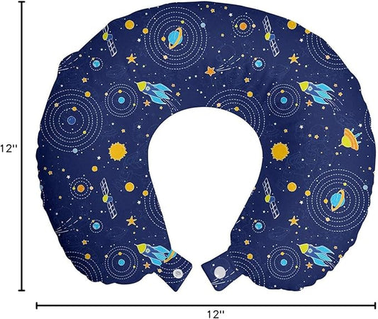 Ambesonne Space Travel Pillow Neck Rest, Galaxy Shooting Stars Planets Spaceship Comet Moon Fantasy, Memory Foam Traveling Accessory for Airplane and Car, 12", Orange Blue