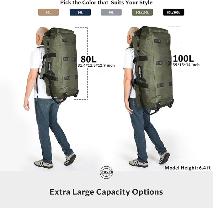 STOVER 80L Rolling Duffel Bag with Wheels, Large 31 Inch Durable Travel Duffle + Toiletry Bag, Heavy Duty, Packable, Foldable w/Shoulder Straps- Use as Luggage or Backpack, Men/Women (Green)
