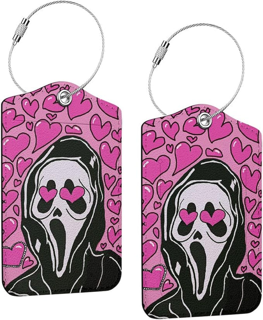 2 Pcs Funny Horror Movie Luggage tag, Pink Suitcase Tags with Privacy Flap and Metal Loop, Ghost Spooky Movie Fans Luggage Tags for Suitcases, Identifiers Travel Essentials Bag Tags for Luggage