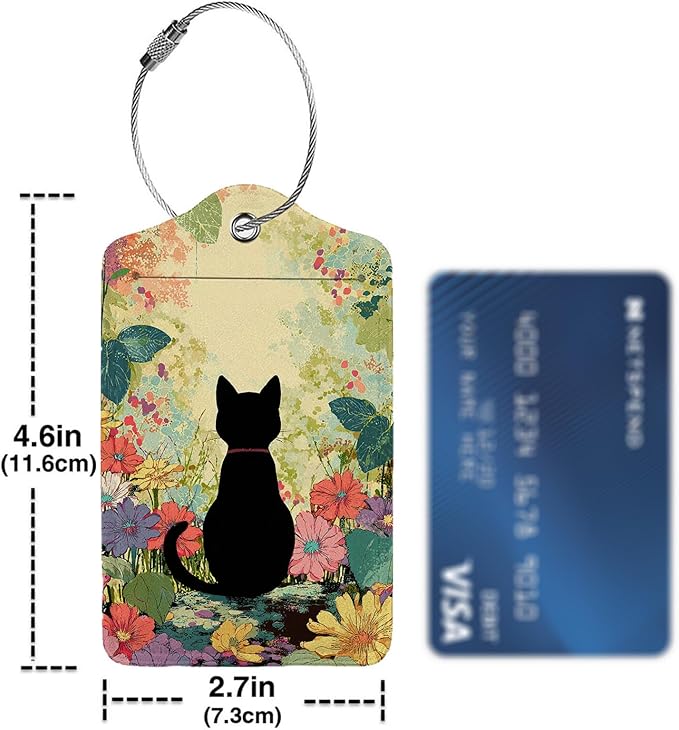 Black Cat and Flower Luggage Tag 3 Pack Travel Cruise Luggage Tags for Suitcases, Identifiers Bag Tags with Privacy Flap, Baggage Name Tag for Women Men Luggage Backpack Handbag School Bag