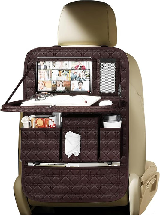 GMQ Backseat Car Organizer 1 Pack, Car Back Seat Organizers with Tray,Multifunctional Car Seat Back Organizer with Foldable Tablet Holder (Coffee Brown, 1 PC)