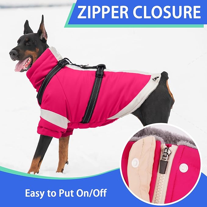 MIGOHI Rainproof Dog Winter Jacket with Harness,XXL Large Fleece Dog Coat with Sleeves,Adjustable Pet Puffer Jacket Snowsuit Cold Weather Coats for Golden Labrador Retriever,XXL,Rosered