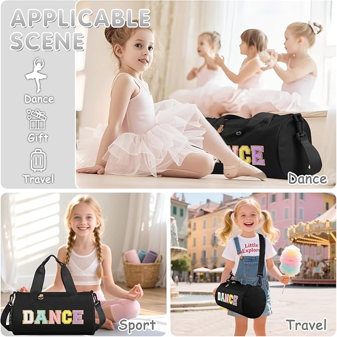 Personalized Dance Bag for Girls, Teen Toddler Ballet Bag Cute Chenille Letter Gym Sport Workout Duffel Bags, Waterproof Cheer Dancer Overnight Weekender Bags for Birthday Christmas Gift(Black)