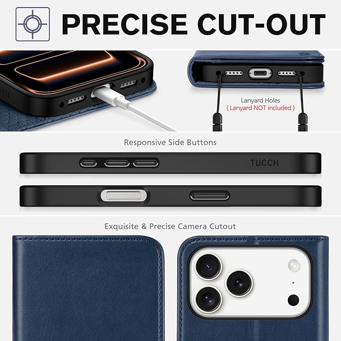 TUCCH Case Wallet for iPhone 17 Pro Max (6.9-Inch) 2025, 3 Card Slots | Kickstand | RFID Blocking | PU Leather | Protective Flip Folio Cover | TPU Shockproof Interior Shell | Deep Blue