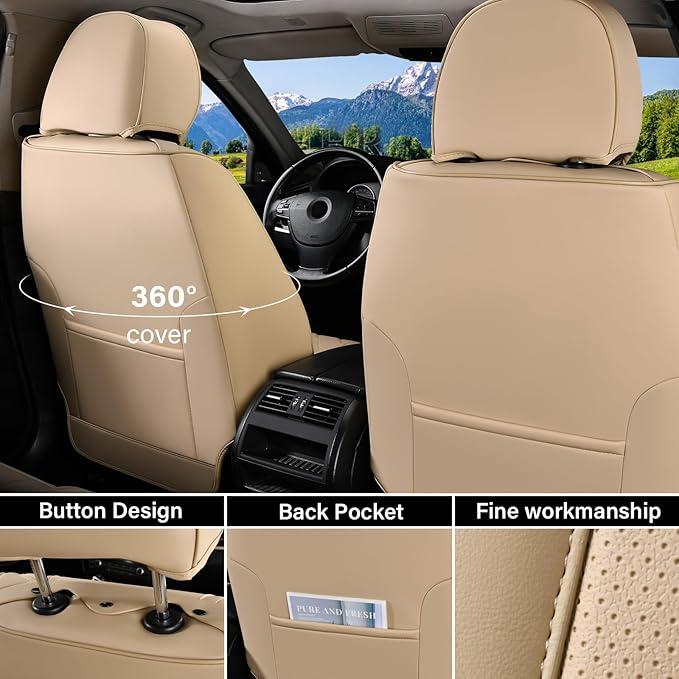 Coverado Seat Covers, Car Seat Covers Front Seats, Beige Car Seat Cover, Car Seat Protector Waterproof, Car Seat Cushion Nappa Leather, Seat Covers Carseat Cover Universal Fit for Most Cars