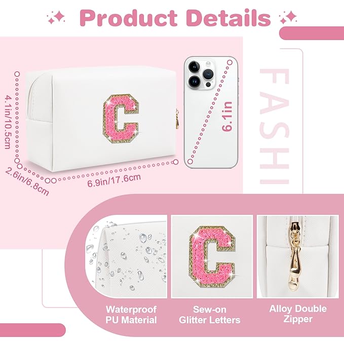 Small Personalized Initial A-Z Patch Makeup Bag,White Cute PU Leather Glitter Letter Cosmetic Bag for Teen Girls,Travel Toiletry Bag with Zipper,Preppy Monogrammed Birthday Gift for Daughter Niece C