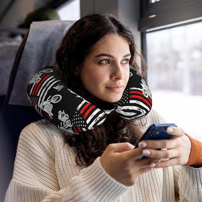 Travel Pillow for Men Women, Washable Relax U Shaped Neck Pillows for Car Head Pain Relief Sleeping Motorcycle Dirt Bike American Thin Red Line Flag Black