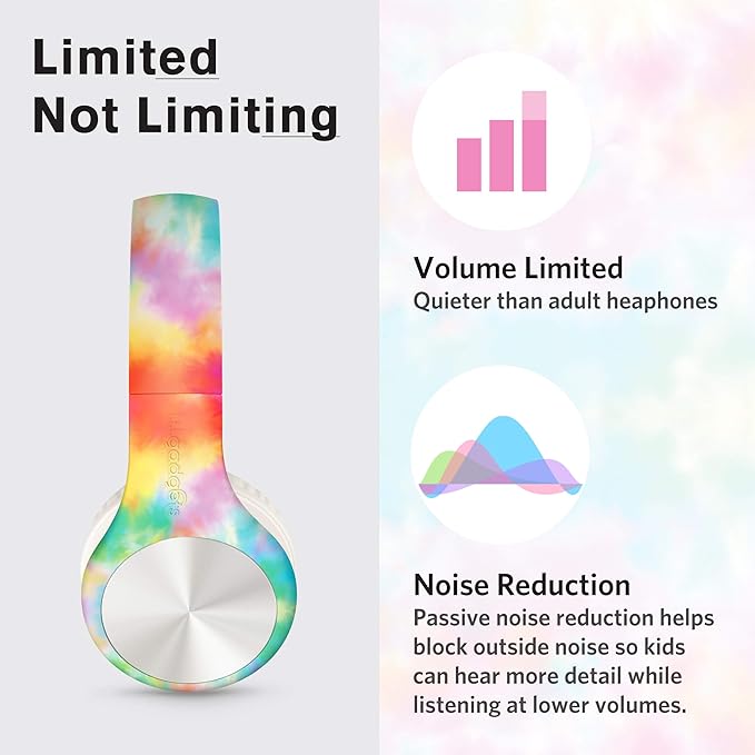 LilGadgets Connect+ Pro Wired Kids Headphones for School with Microphone, Volume Limiting Over-Ear Headset with Cord, SharePort Technology & SoftTouch Padding, Tie Dye Rainbow