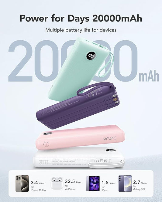 VRURC Portable Charger with Built in Cables 20000mAh, 22.5W Fast Charging USB C Power Bank,LED Display Charging Back with 4 Output 2 Input for iPhone 15/14/13/Pro,Samsung,Android-White(1 Pack)