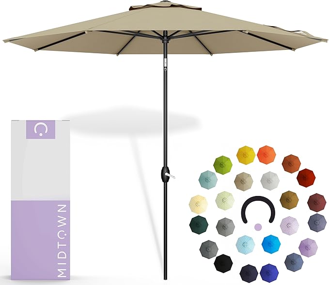 Midtown Umbrellas 10-Year-No-Fade - 6 Ft - UV Proof Beige Polyester Fabric - Umbrella Outdoor Patio, Auto-Tilt Aluminum Frame Large Patio Umbrella for Garden, Pool & Deck - Black Pole