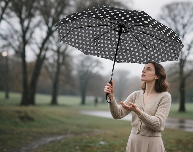 SIEPASA Windproof Travel Compact Umbrella-Automatic Umbrellas for Rain- Folding Umbrella, Travel Compact Umbrella.(Black Polka Dots)