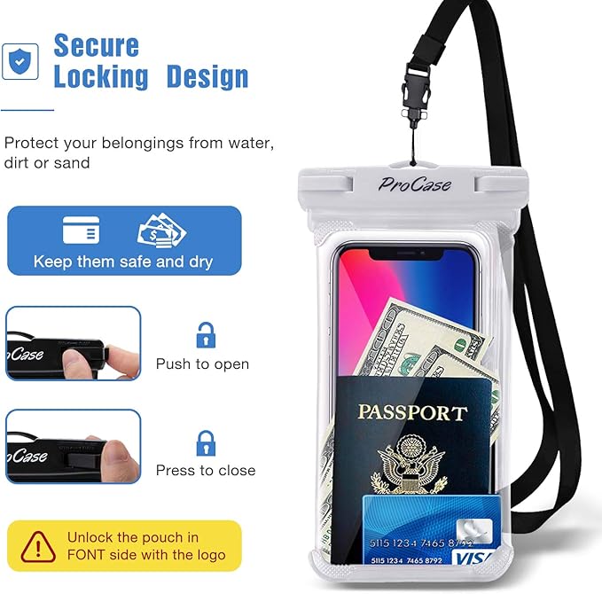 ProCase 2 Pack Waterproof Phone Pouch, Underwater Phone Case Up to 7", Dry Bag for iPhone 17 Air 16 15 14 13 Pro Plus Max, Galaxy S24 S23 S22 Ultra Pixel, Beach Essentials -White & Black