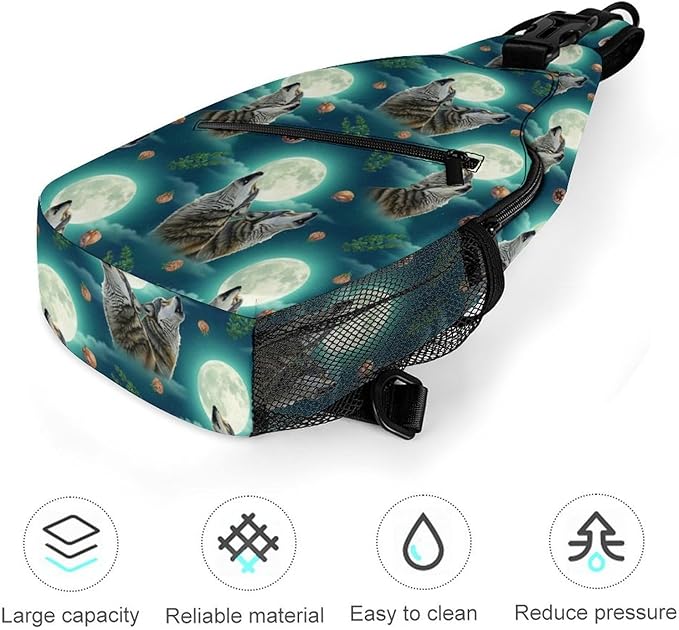 SWEET TANG Polyester Shoulder Sling Bag Multipurpose Casual Sport Daypack Unbalance Backpack with Small Pocket and Smooth Zipper, Howling Moon Wolf