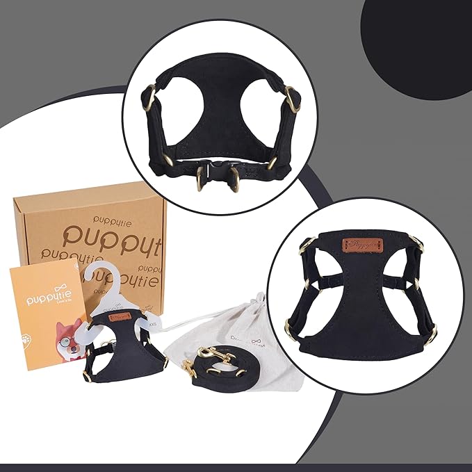 Puppytie No Pull XXS Puppy Harness with Multifunction Dog Leash,Soft Adjustable No Choke Escape Proof Pet Harness Vest,Black,XXS