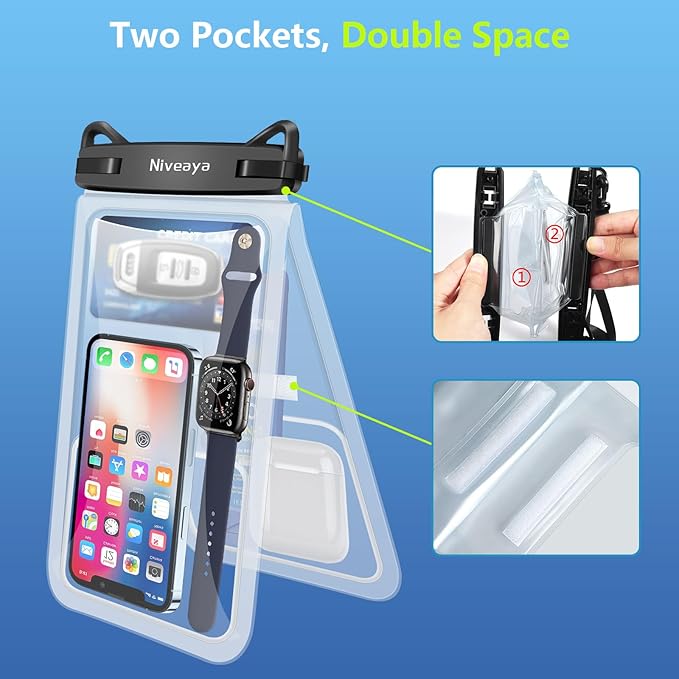 Niveaya [Up to 10.5"]Waterproof Phone Pouch - 2 Pack, Waterproof Phone Lanyard Case with iPhone 16/15/14/13/12 Pro Max up to 9.5", Phone Dry Bags for Vacation Beach Pool Kayak Cruise Travel Essentials