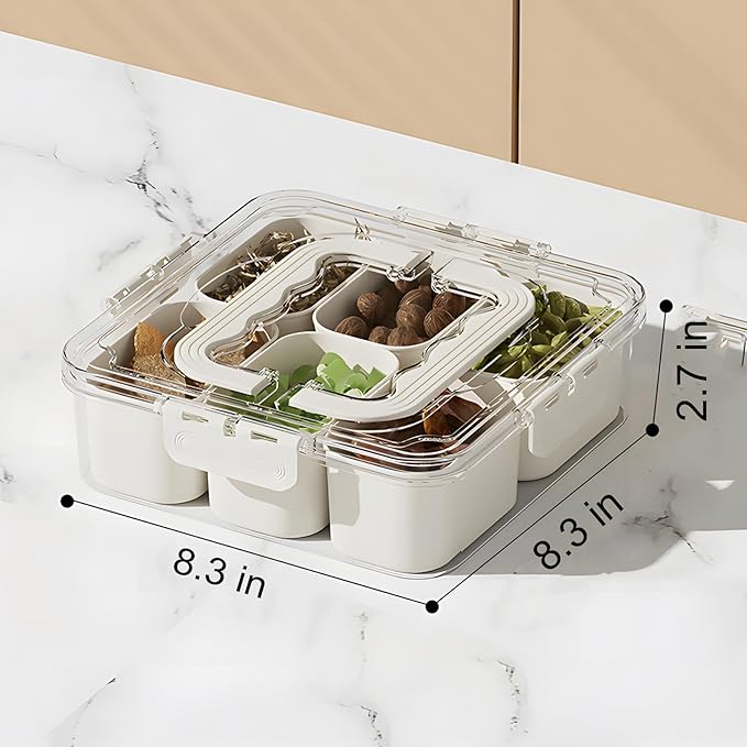 Divided Veggie Tray with Lid and Handle 6 Compartment Serving Tray with Dividers Portable Travel Snack Containers Stackable Snackle Box Charcuterie Container for Fruit,Vegetable,Salad (6 Containers)