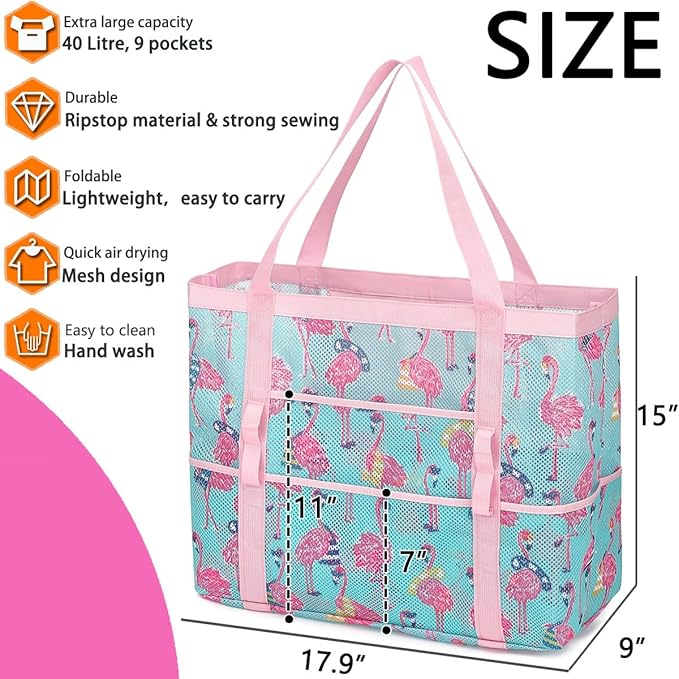 Mesh Beach Bag, Large Beach Tote with Zipper Pocket for Family Pool Bag for Toys & Vacation Essentials