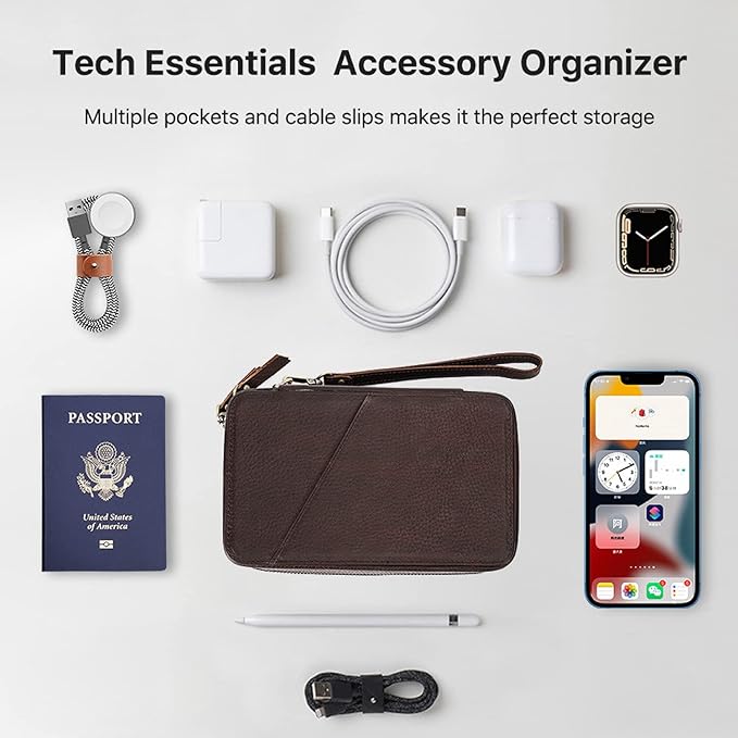 Electronic Organizer Case Tech Kit, Top Grain Leather Handmade, Portable Compact Travel Electronic Accessories Storage Case Fits Phone, USB Cables, Chargers, Hard Drive, Cards, Apple pencil