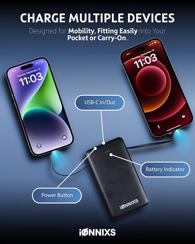 Portable Charger with Built in Cable - 10000mAh Ultra-Slim Portable Charger Power Bank with USB-C Cable, Lightning Cable - Fast Charge 20W - LED Battery Indicator, Power Bank (Black, 10.000mAh)