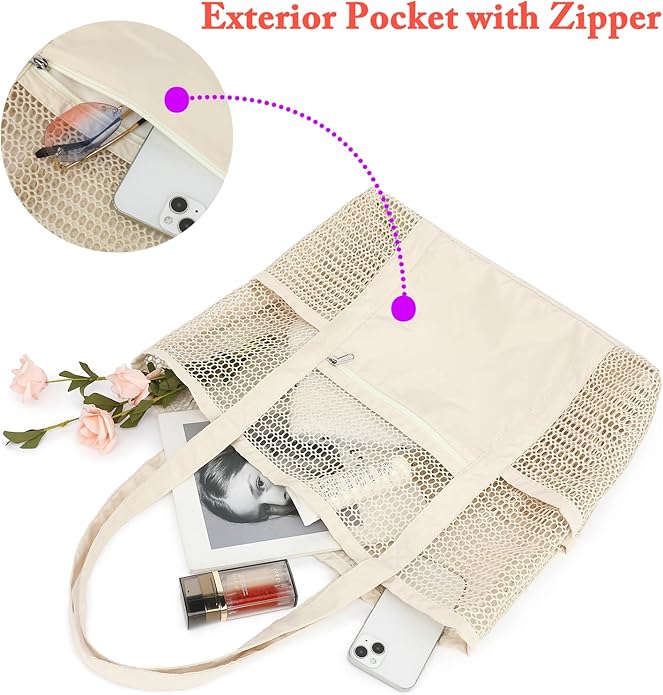 Mesh Beach Bag for Women, Casual Hobo Bags Large Beach Tote for Pool Travel Cruise Vacation Essentials