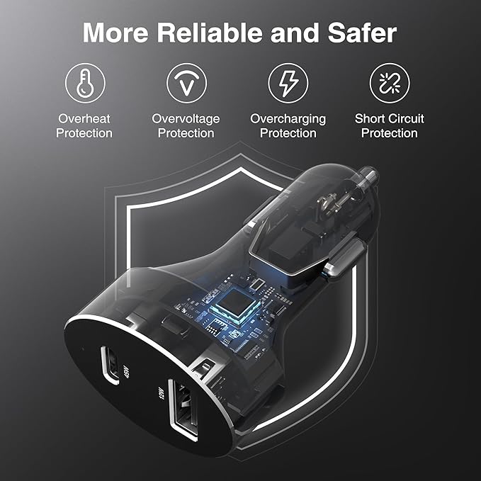 Type C Car Charger, Nekteck USB Adapter with 45W Power Delivery and 12W A Port Compatible with iPhone, iPad, MacBook, Galaxy, Google Pixel, 3.3ft Cable Included, NOT Ideal for Note10+PPS