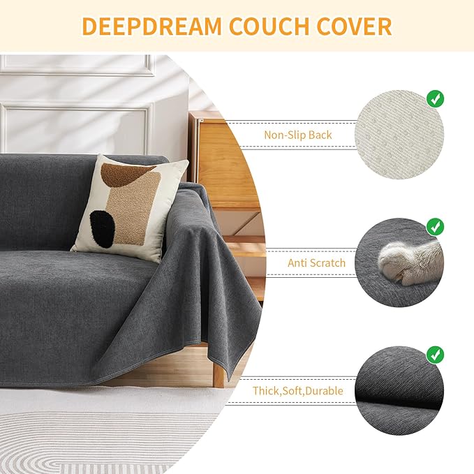 Deep Dream Cat-Scratch Resistant Couch Cover, Waterproof Sofa Cover for 3 Cushion Couch Washable, Pet Friendly Couch Protectors Anti Slip Thickened Love Seat Slipcovers for Dogs Pets, 71" x 118", Grey