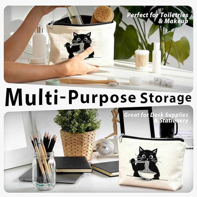 Black Cat Makeup Bag, Funny Black Kitty Eat Noodles Cosmetic Bags for Women, Cat Mom Lady Lover Gifts for Women, Pet Lovers Owners Gifts Zipper Makeup Pouch