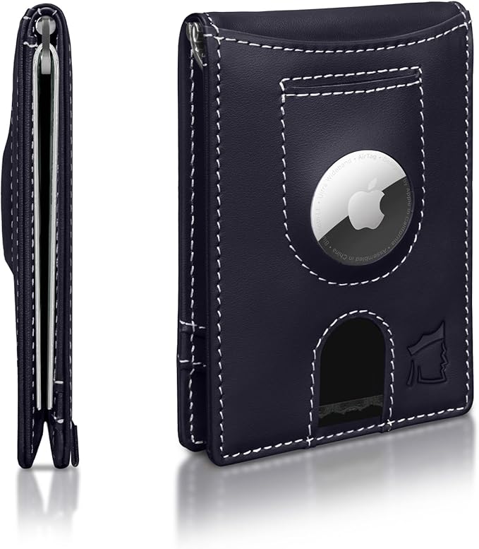 Kingly Trace Airtag Wallet for Men - Smart RFID Blocking Leather Wallet with Airtag Holder & Money Clip - Minimalist Trackable Design with Pull Tab - Secure Wallets