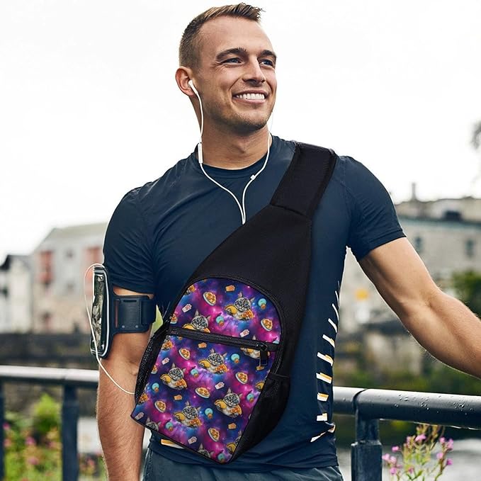 SWEET TANG Men's Crossbody Bags, Casual Daypacks Funny Cute Galaxy Cat Taco Pizza for Cycling and Travel, Fashion Sling Shoulder Backpack Square Rucksack with Small Pocket for Key Purse