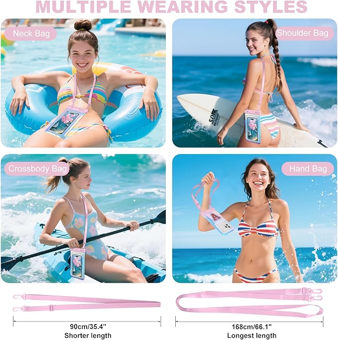 Waterproof Phone Pouch, IP68 Floating Case, Glitter Pink | for iPhone 16/15/Galaxy | Up to 7.0'' | with Adjustable Lanyard | Dry Bag Beach Essentials | 1 Pack