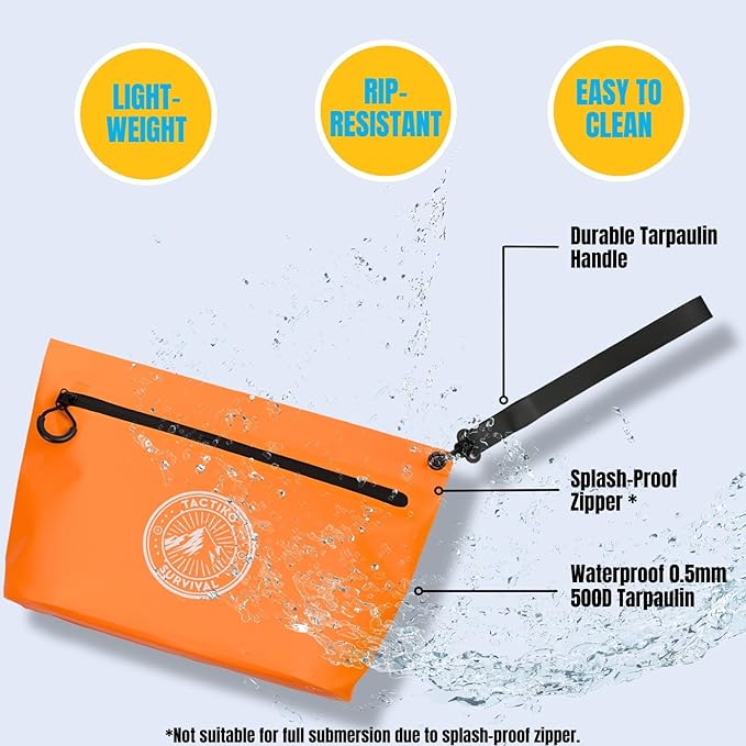 3-Pack Tactiko 3L Water Resistant Pouches - Waterproof Material w/Splashproof Zipper - Hold All Zipper Bags for Storage, Toiletries, Travel, Beach, Cruise, Home (3, Orange/Gray/Black)