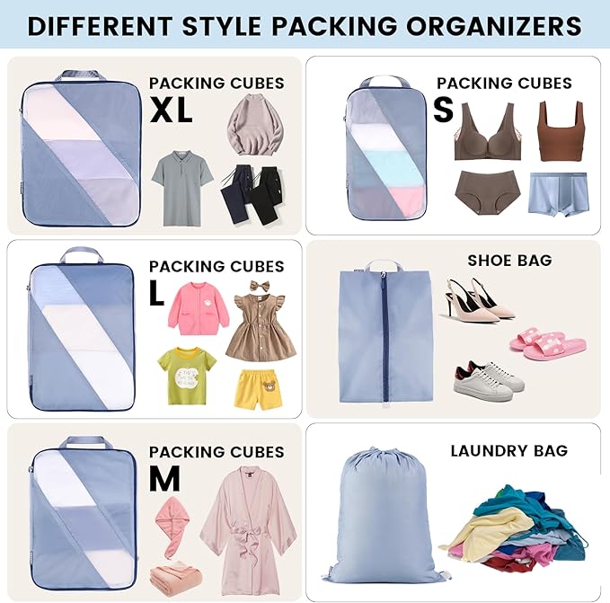 Lightweight Compression Packing Cubes for Suitcases, Compressible Expandable Travel Packing Organizer with Clear Toiletries and Backpack Bag, Travel Essentials for Carry on Luggage 7 Set