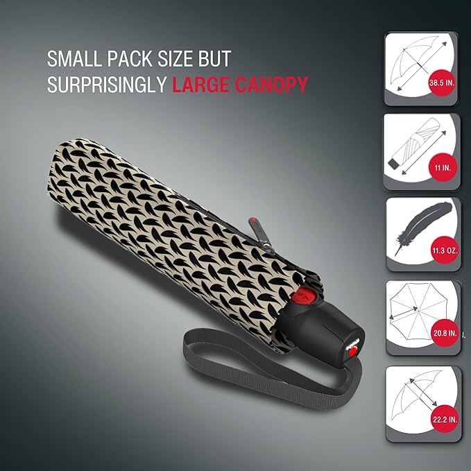 Knirps T.200 Duomatic Compact Rain Umbrella in Elemental Black – Wind Tunnel Tested to 93 mph, Aluminum Steel Fiberglass Frame, 38in Canopy, OEKO-TEX, High-Performance Automatic Travel Umbrellas