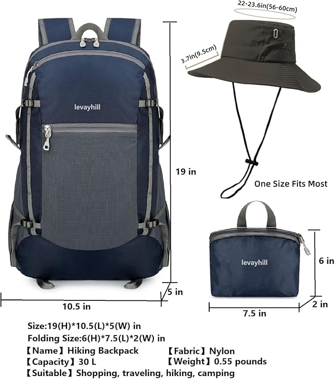 30L Foldable Backpack & Bucket Hat 2 In 1 Combo, Lightweight packable Travel and Fisherman Hat Set, Compact Collapsible Daypack with Sun Hat (Dark Blue)