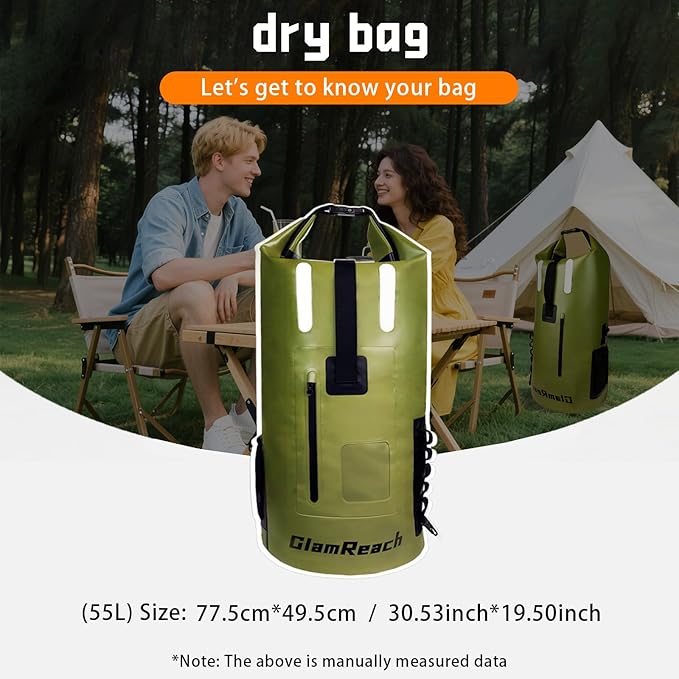 waterproof backpack 55L- Heavy Duty & Dirt Resistant Roll Top Sack, Essential Gear for Kayaking, Hiking, Camping, Beach Travel with 2L dry bag (Green, 55L)