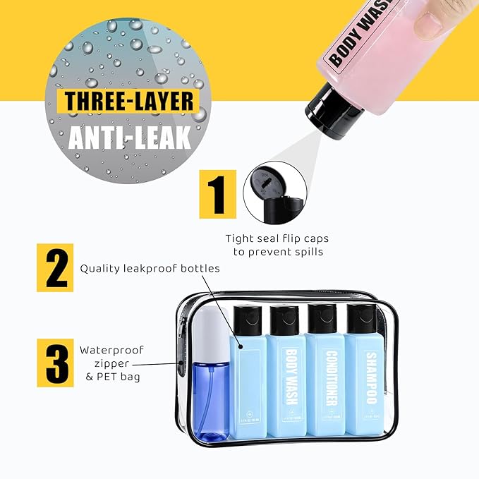 Leakproof Travel Shampoo Bottles for Toiletries TSA Approved Travel Size Toiletries Bottles, 3.4oz Refillable Squeeze Containers Set with Spray Bottle -5 Pack