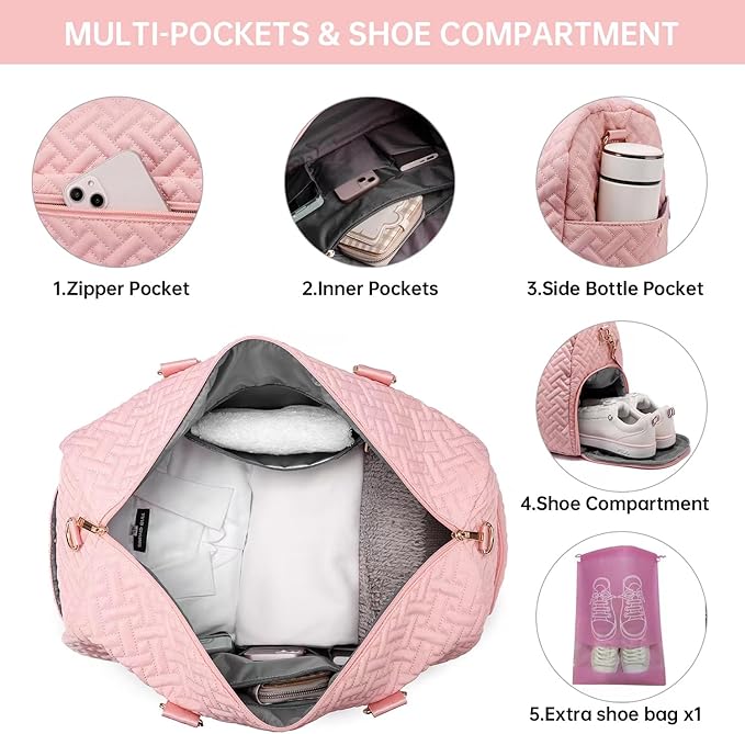 Duffle Bag for Travel, Weekender Bag with Shoe Compartment, Carry On Overnight Bag for Women with Toiletry Bag, Gym Bag with Wet Pocket, Hospital Bags for Labor and Delivery Beige