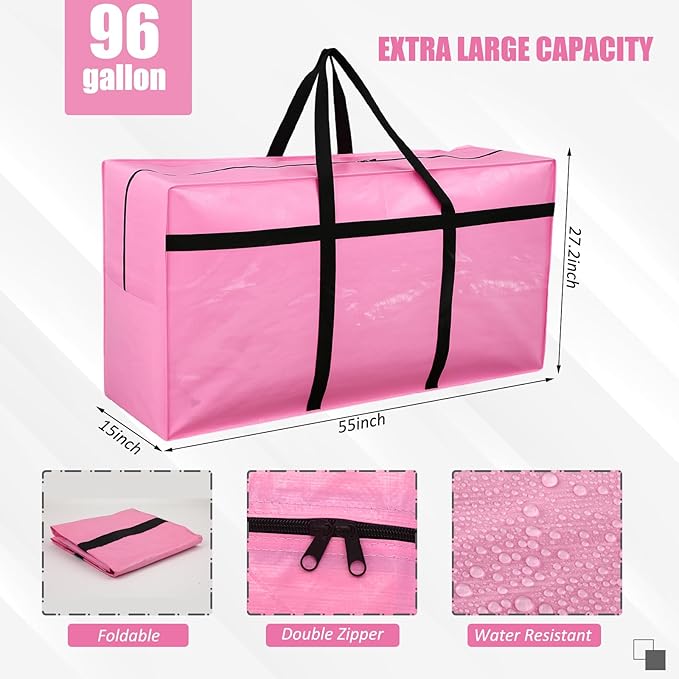 4 Pcs 96 Gallon Large Moving Bags with Zipper and Handles Foldable Storage Duffle Bags Heavy Duty Extra Large Totes for College Dorm Travel Clothes Blankets Bedding Moving (Pink)