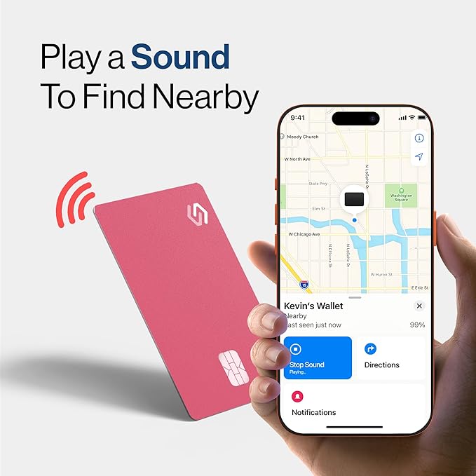 SPOTMINDERS Valentines Day Gifts for Her Apple MFi Certified Credit Card Wallet Tracker PRO Pink (iOS Only) 0.07in Works with Apple Find My Rechargeable Tracking Card for Women IP68 Slim Item Finder