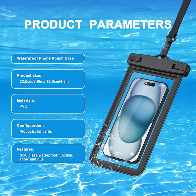 2 Pack Waterproof Phone Pouch for iPhone 17 16 15 14 13 12 11 Pro Max Plus Air, IPX8 Cellphone Dry Bag with Detachable Lanyard for Beach Cruise Ship Travel Essentials (Black+Black)