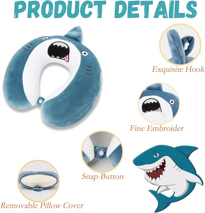 Cute Travel Neck Pillow, Kids Neck Pillow for Travel with Sleep Eye Mask, Memory Foam Cartoon Flight Sleeping Headrest Pillow for Boys & Girls, Train, Car, Airplane, Home Use - Bigmouth Shark