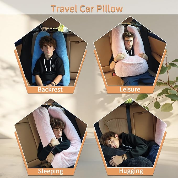 Car Pillow for Kids, U-Shaped Soft Car Travel Pillow for Sleeping with Removable Cover for Car Seat Head and Neck Support Children and Adult,Perfect for Long Road Travel,Pink