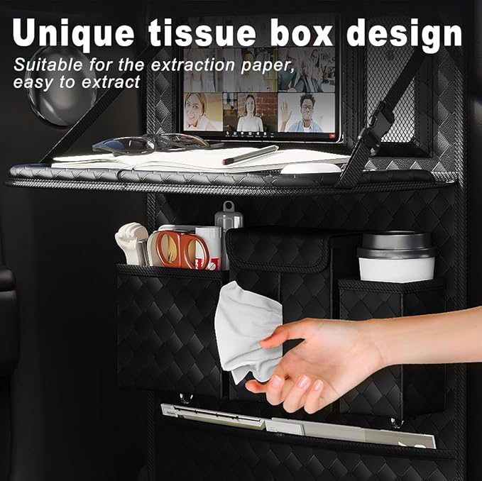 Car Seat Organizers,Multi-functional Back Seat Protectors, Storage Pouches, and Tray Holders (for Cars, Kids, Seat Back and Rear Seats) (Woven Black, 2 Pcs)