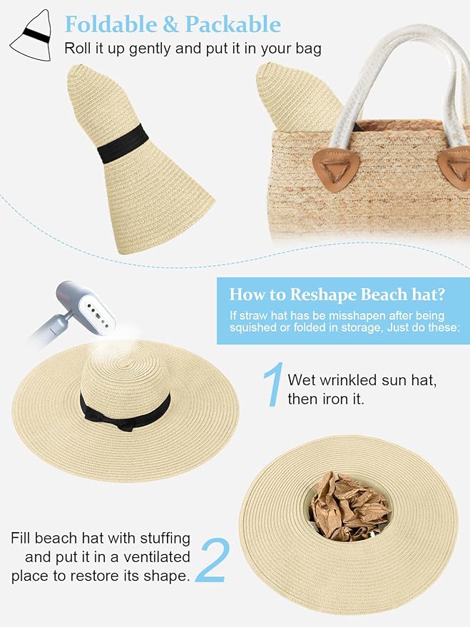 Senker Fashion Sun Hats for Women Oversize Wide Brim Straw Beach Hat Floppy Foldable Roll-Up Summer Vacation UPF 50+