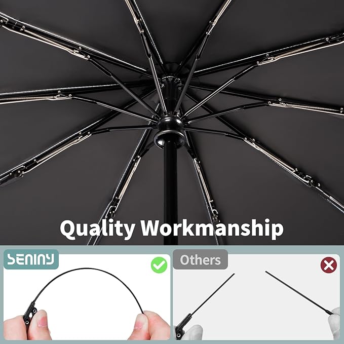 Seniny Travel Umbrella with Carabiner Handle, Windproof Large Umbrellas for Rain with Dual-Rib Structure, Portable Compact Umbrella with Reflective Strip, Car Backpack UV Umbrellas for Sun Protection